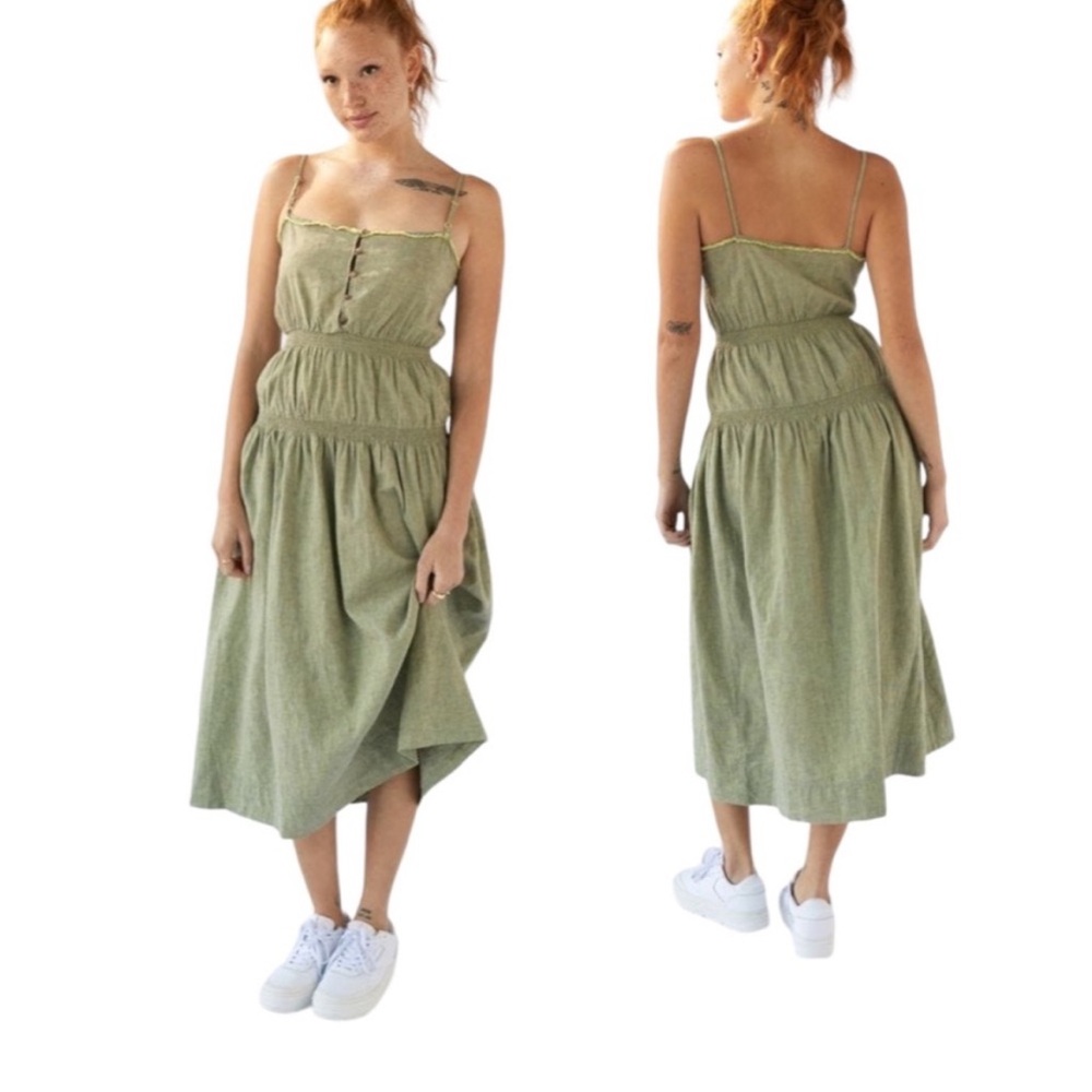 Green Linen blend Midi Dress